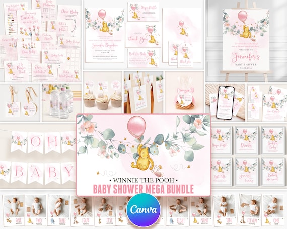 Classic Winnie the Pooh Baby Shower Girl Bundle, Pink and Greenery Party Decorations, Editable Canva Invitation Set