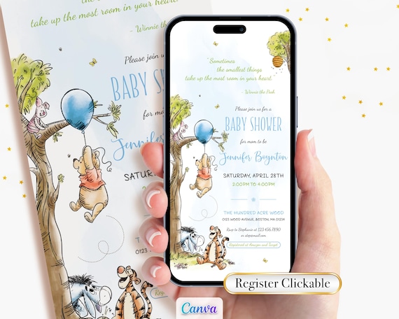 Register Clickable Winnie the Pooh Invitation, Boy Baby Shower Evite, Digital Virtual Mobile Phone Invite