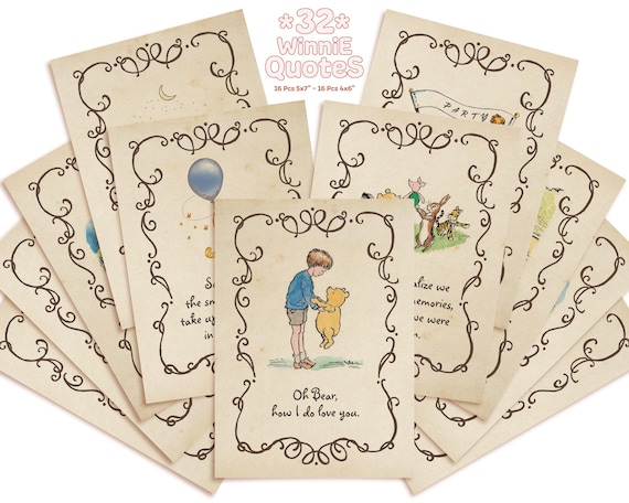 Winnie the Pooh Quotes, Baby Shower Centerpiece, Birthday Party Table Decoration, Set of 16 Printable Cards 4x6" - 5x7"