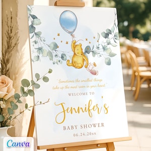 Letrero de bienvenida de Winnie the Pooh, tema de globo azul para baby shower de niño, plantilla editable de Canva, imprimible
