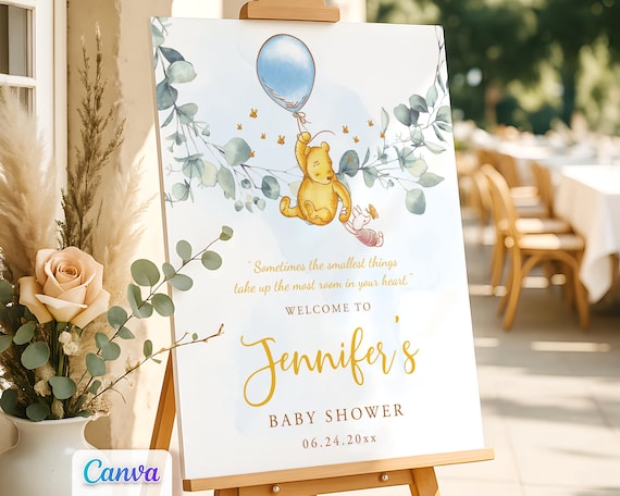 Winnie the Pooh Welcome Sign, Baby Shower Boy Blue Balloon Theme, Editable Canva Template, Printable