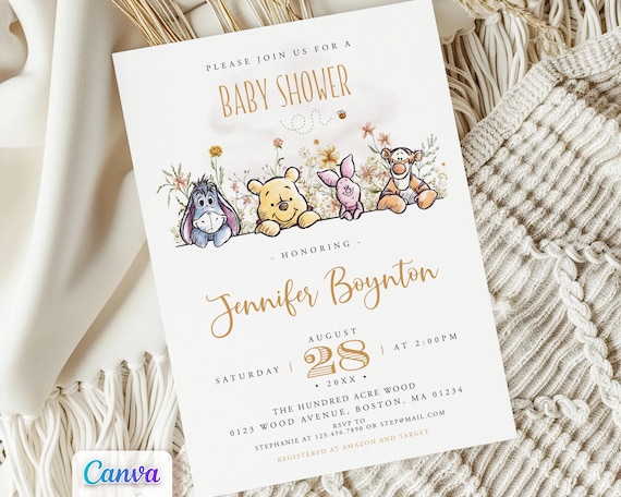 Winnie the Pooh Baby Shower Invitation with Flowers, Editable Canva Template, Printable, Digital