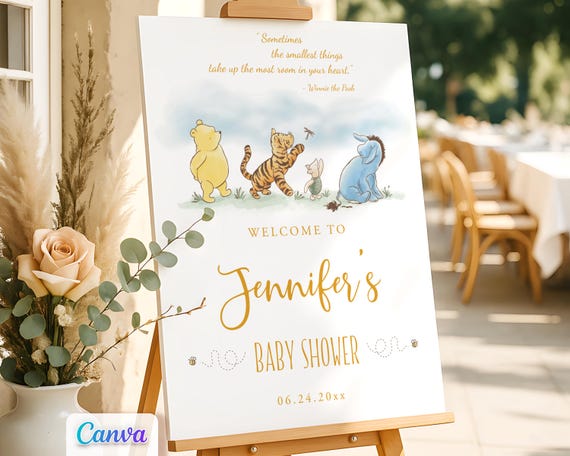 Classic Winnie the Pooh Welcome Sign, Baby Shower Entrance Door Decorations, Editable Canva Template, Printable