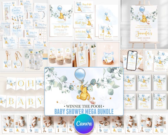 Winnie the Pooh Baby Shower Boy, Blue Balloon Party Invitation, Editable Canva Template