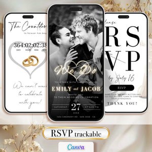 May include: Three smartphone screens displaying wedding-themed graphics. The center screen shows a couple with the text "We Do" and wedding details. The left screen has a countdown timer and rings. The right screen says "RSVP".