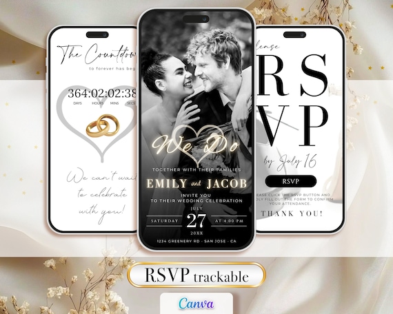 Digital Wedding Invitation RSVP Trackable Countdown Timer Modern Black White Evite Editable Invite