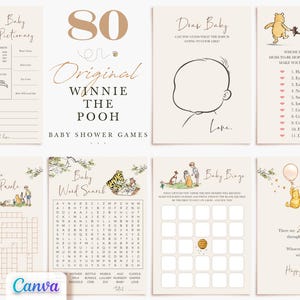 Classic Winnie the Pooh Baby Shower Games, Fully Editable/Printable Templates