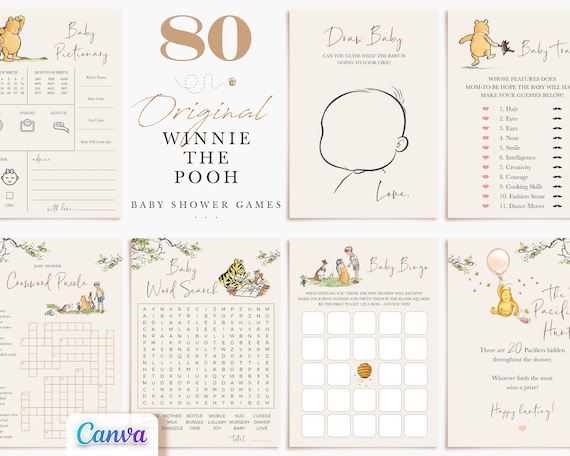 Classic Winnie the Pooh Baby Shower Games, Fully Editable/Printable Templates
