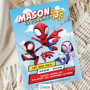 Invito di compleanno di Spidey e i suoi amici, modello Canva modificabile (download immediato)