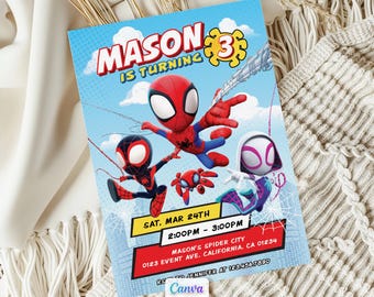 Verjaardagsuitnodiging Spidey en vrienden, bewerkbare canva-sjabloon (direct downloaden)