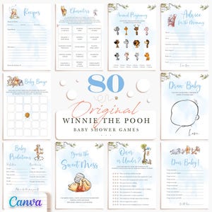 Winnie the Pooh Boy Baby Shower Games, Blue Theme, Fully Editable Printable Templates