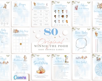 Winnie the Pooh Boy Baby Shower Games, Blue Theme, Fully Editable Printable Templates