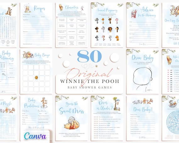 Winnie the Pooh Boy Baby Shower Games, Blue Theme, Fully Editable Printable Templates