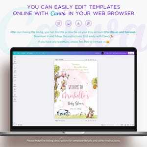 Girl baby shower welcome sign template with Winnie the Pooh characters shown being edited in Canva on a laptop screen, highlighting the editable and printable nature of the pink-toned design.