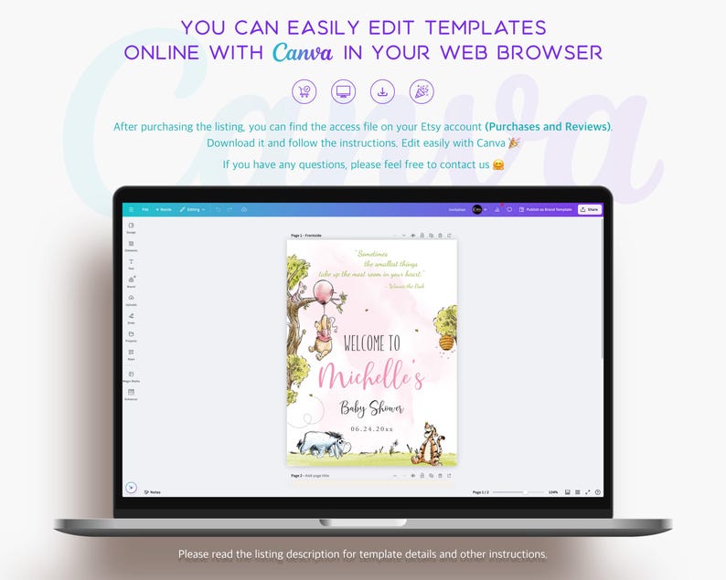 Girl baby shower welcome sign template with Winnie the Pooh characters shown being edited in Canva on a laptop screen, highlighting the editable and printable nature of the pink-toned design.