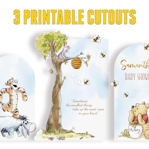 Set of 3 printable cutout decorations featuring classic Winnie the Pooh characters, including Tigger, Eeyore, Piglet in a tree, and Pooh with a honey pot. Ideal for baby showers or themed party backdrops.