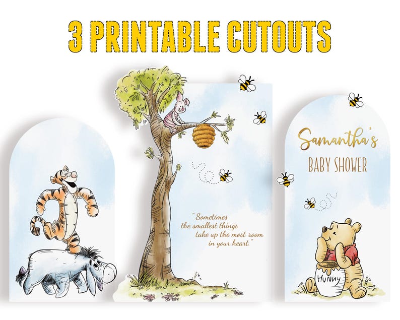 Set of 3 printable cutout decorations featuring classic Winnie the Pooh characters, including Tigger, Eeyore, Piglet in a tree, and Pooh with a honey pot. Ideal for baby showers or themed party backdrops.