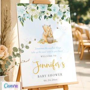 Classic Winnie the Pooh Baby Shower Boy Welcome Sign, Editable Canva Template, Printable