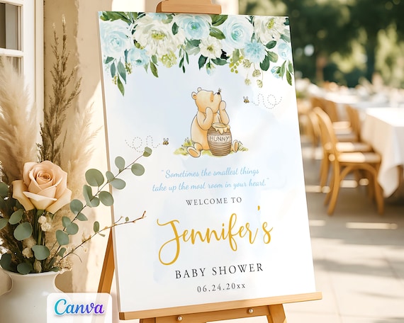 Classic Winnie the Pooh Baby Shower Boy Welcome Sign, Editable Canva Template, Printable