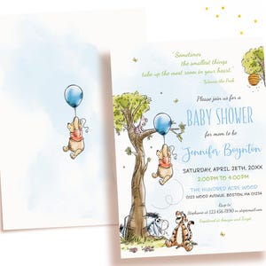 May include: Watercolor baby shower invitation featuring Winnie the Pooh characters. The invitation includes a blue balloon, a tree, and the text "Baby Shower" with event details. The design has a soft, whimsical feel.