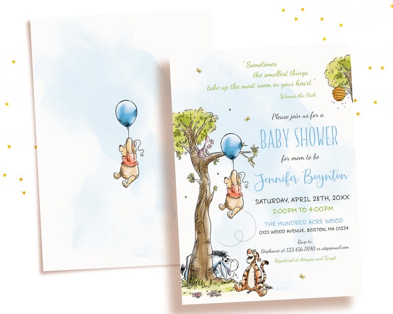 May include: Watercolor baby shower invitation featuring Winnie the Pooh characters. The invitation includes a blue balloon, a tree, and the text "Baby Shower" with event details. The design has a soft, whimsical feel.