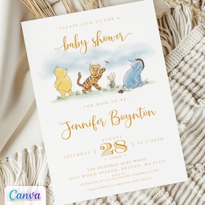 Classic Winnie the Pooh Invitation with Friends, Editable Canva Template, Printable, Digital