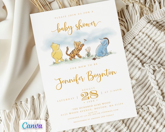 Classic Winnie the Pooh Invitation with Friends, Editable Canva Template, Printable, Digital