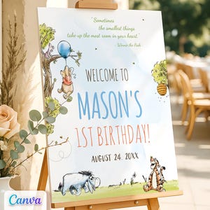 Winnie the Pooh Birthday Boy Welcome Sign, Edit with Canva Template, Printable
