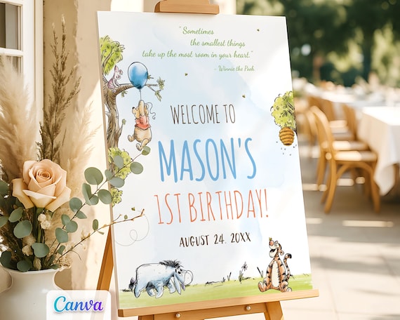 Winnie the Pooh Birthday Boy Welcome Sign, Edit with Canva Template, Printable
