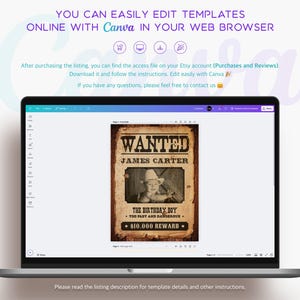 Editable Wild West birthday welcome sign shown in Canva editor on laptop screen. Wanted poster design featuring a cowboy baby photo, perfect for customizing with child's name and party details.