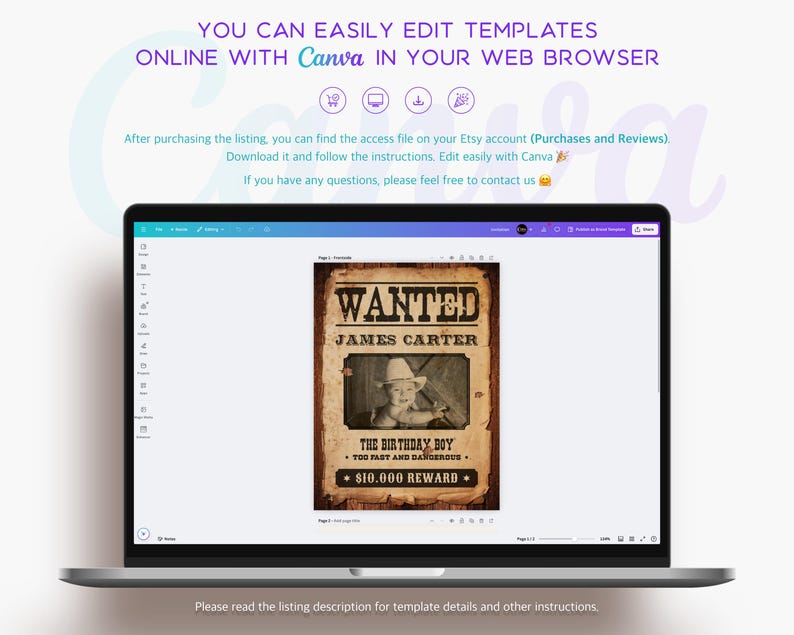 Editable Wild West birthday welcome sign shown in Canva editor on laptop screen. Wanted poster design featuring a cowboy baby photo, perfect for customizing with child's name and party details.