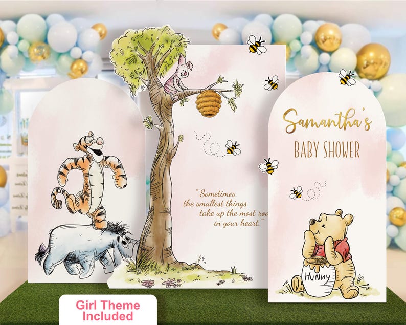 Winnie the Pooh baby shower standee set in a soft pink girl theme. Features personalized name panel, Tigger and Eeyore character cutout, and Piglet on a tree with honey bees and the quote 'Sometimes the smallest things take up the most room in your heart.' Perfect for a whimsical baby shower backdrop.