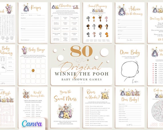 Winnie the Pooh Baby Shower Games with Flowers, Fully Editable/Printable Templates