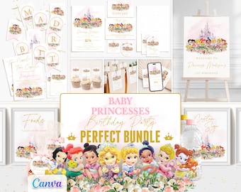 Baby Princess Birthday Bundle, Party Invitation Canva Instant Download