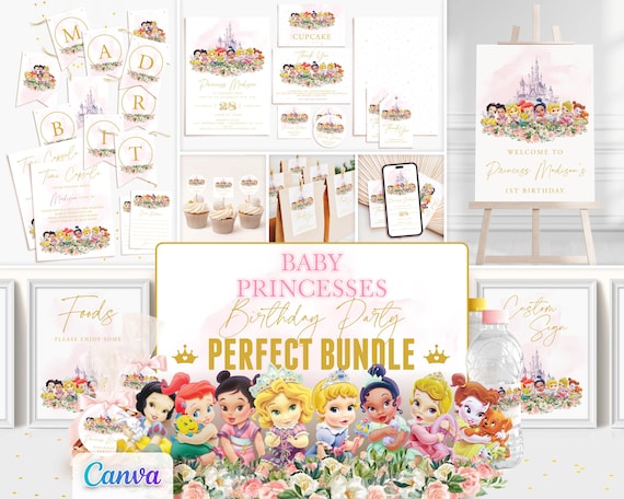 Baby Princess Birthday Invitation Bundle Party Pack Welcome Sign Hanging Banner Water Bottle Label Cupcake Toppers Editable Templates