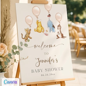 Classico cartello di benvenuto per baby shower di Winnie the Pooh, modello Canva modificabile, stampabile