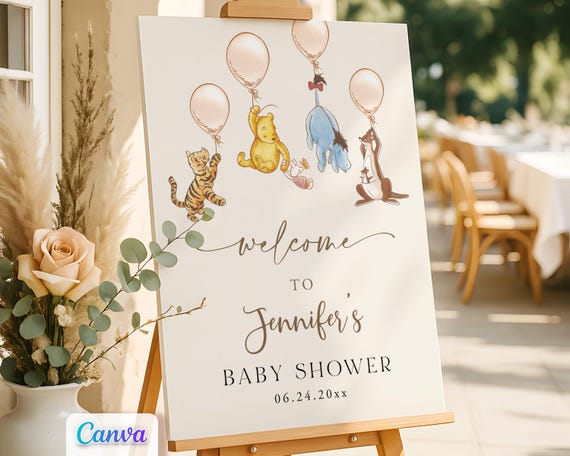 Classic Winnie the Pooh Baby Shower Welcome Sign, Editable Canva Template, Printable