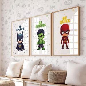 Superhero wall art printable set featuring inspirational quotes. Digital download nursery decor with chibi-style heroes. Perfect for kids' rooms, playrooms, and superhero-themed decorations.