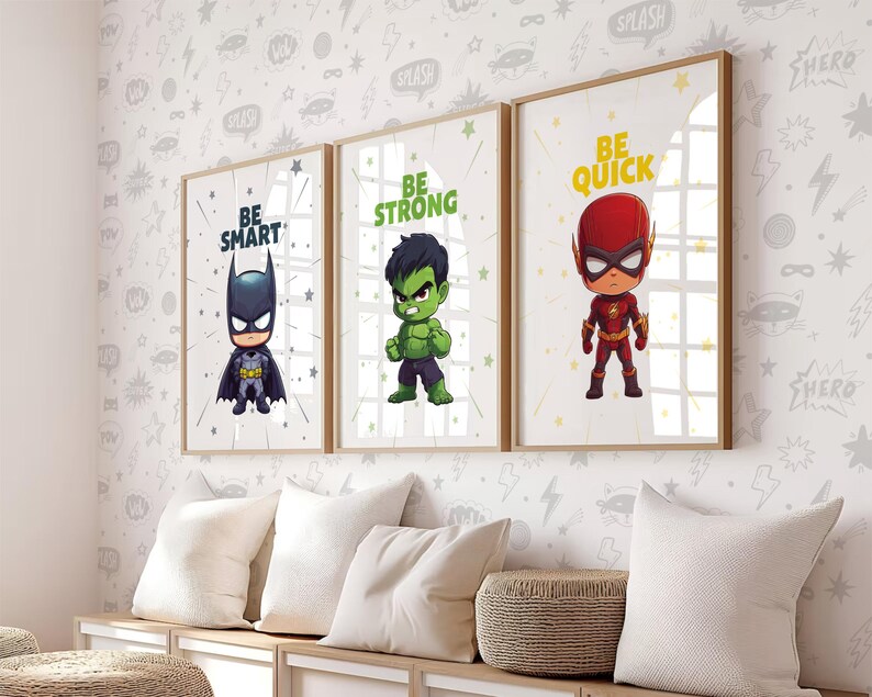 Superhero wall art printable set featuring inspirational quotes. Digital download nursery decor with chibi-style heroes. Perfect for kids' rooms, playrooms, and superhero-themed decorations.