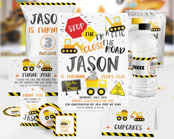Construction Birthday Invitation, Editable Party Set, Printable Canva Templates