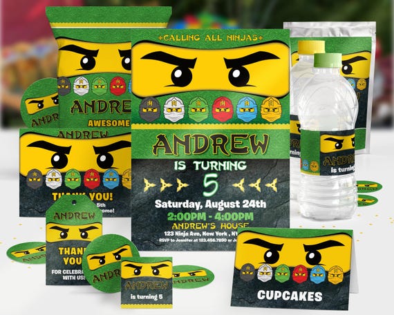 Ninja Birthday Invitations, Green Ninja Party Building Block Style, Instant Download