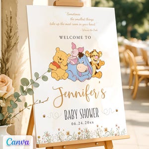 Winnie the Pooh Baby Shower Welcome Sign: Editable Canva Template (Digital Download