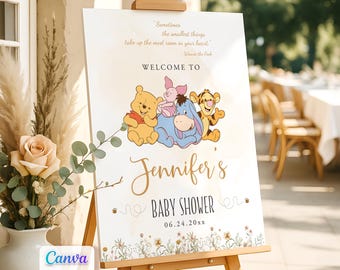 Winnie the Pooh Baby Shower Welcome Sign: Editable Canva Template (Digital Download