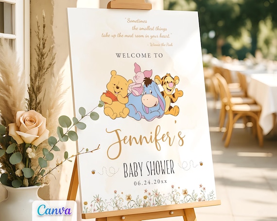 Baby/Little Winnie the Pooh Baby Shower Welcome Sign, Entrance Door Decor Editable Canva Template, Printable, Digital