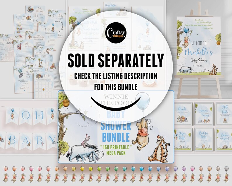 May include: A collection of Winnie the Pooh themed baby shower decorations and printables. Includes a banner that says "OH BABY", a welcome sign, and various other signs and games. The image also includes the text "SOLD SEPARATELY".