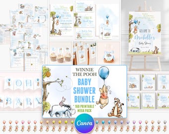 May include: A collection of Winnie the Pooh themed baby shower decorations and stationery. Includes invitations, banners, signs, cupcake toppers, and games. The bundle features illustrations of Pooh, Piglet, Tigger, and Eeyore with a blue and yellow color scheme.