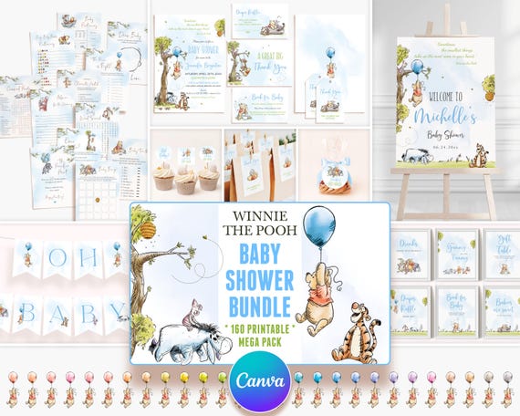 Winnie the Pooh Invitation Boy Baby Shower Decoration Bundle, Edit with CANVA, Printable Party Templates Blue Balloon Theme