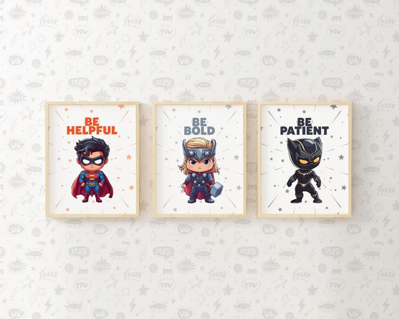 May include: Three framed prints with motivational messages and cartoon superhero characters. The prints feature the text "Be Helpful" with a cartoon Superman, "Be Bold" with a cartoon Thor, and "Be Patient" with a cartoon Black Panther.