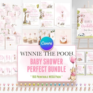 Inviti per baby shower a tema Winnie the Pooh, modello Canva, download immediato
