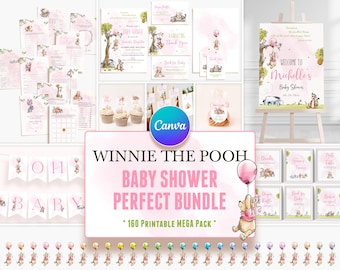 Pakiet zaproszeń na baby shower z Kubusiem Puchatkiem, edytowalny szablon Canva, natychmiastowe pobranie